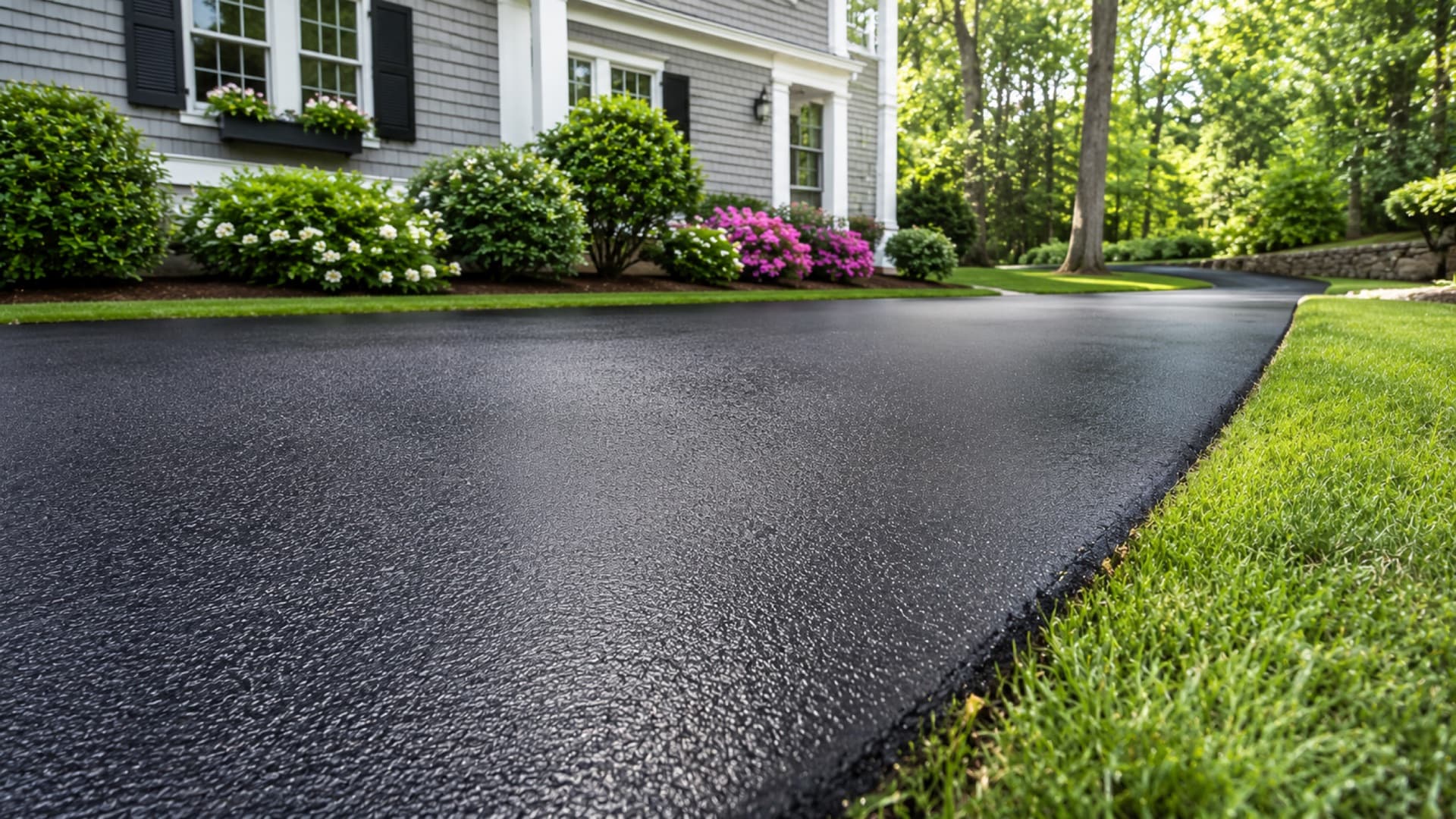 Freshly sealcoated black asphalt driveway with clean edges in front of a New England home