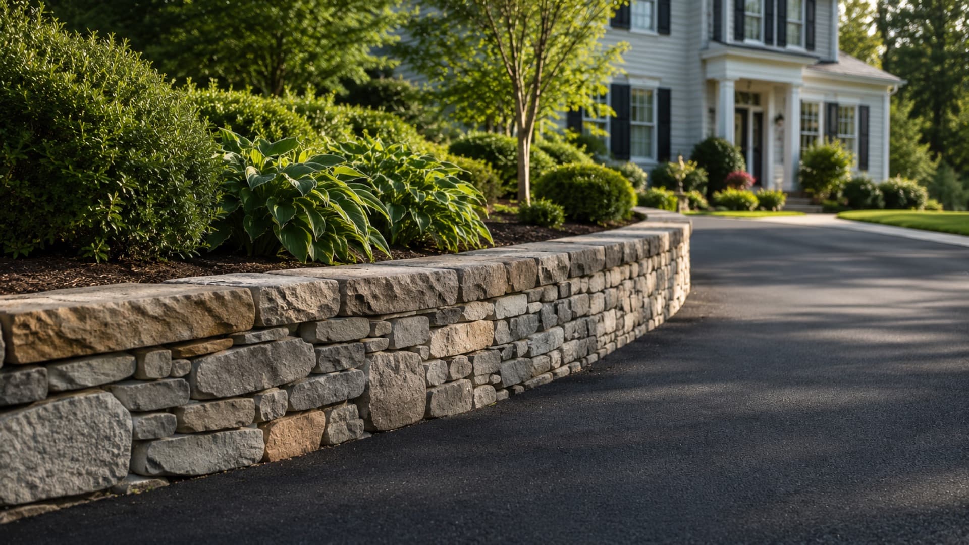 A freshly paved asphalt driveway bordered by a natural stone wall on a residential property in Massachusetts.