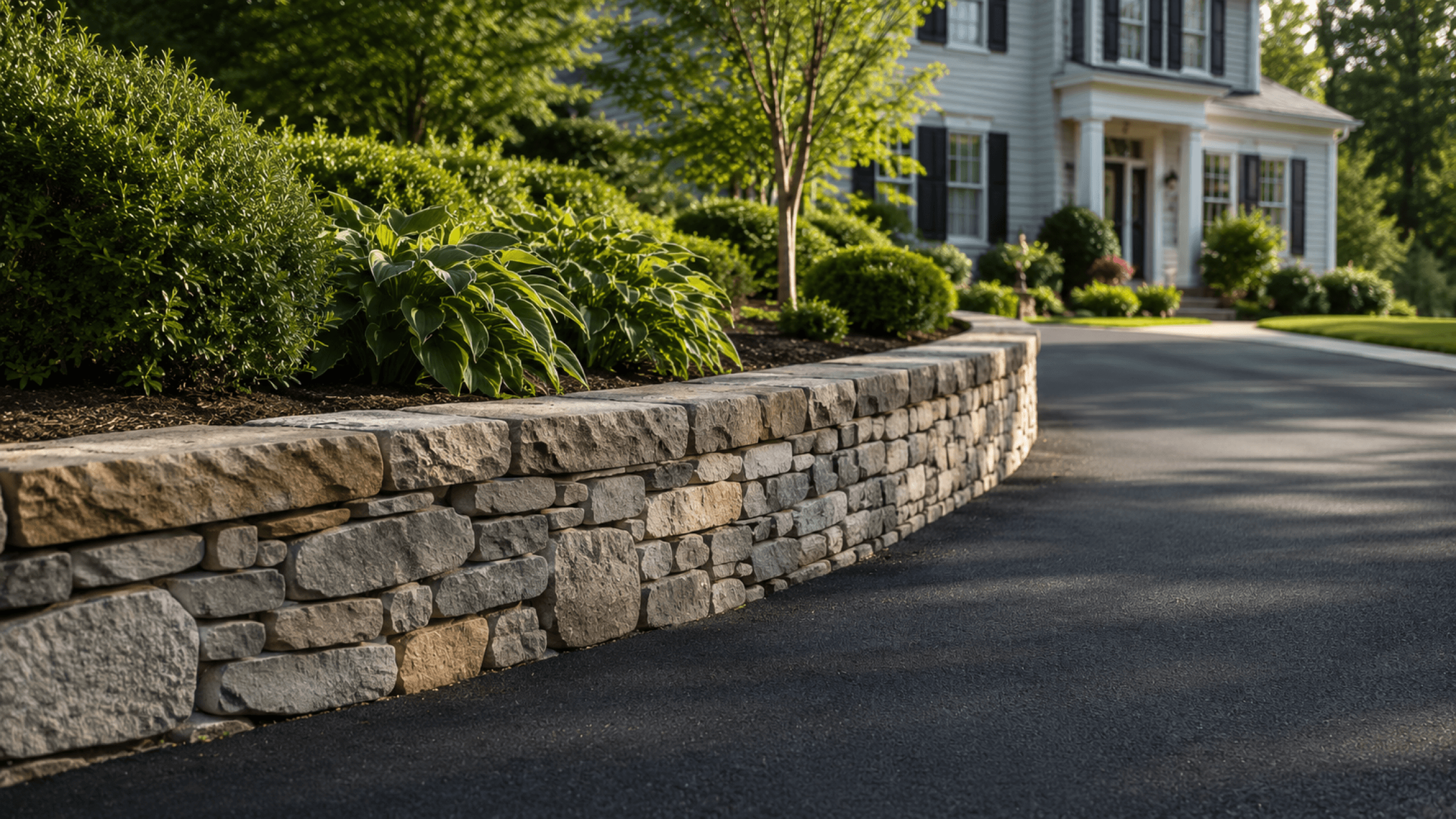 A freshly paved asphalt driveway bordered by a natural stone wall on a residential property in Massachusetts.