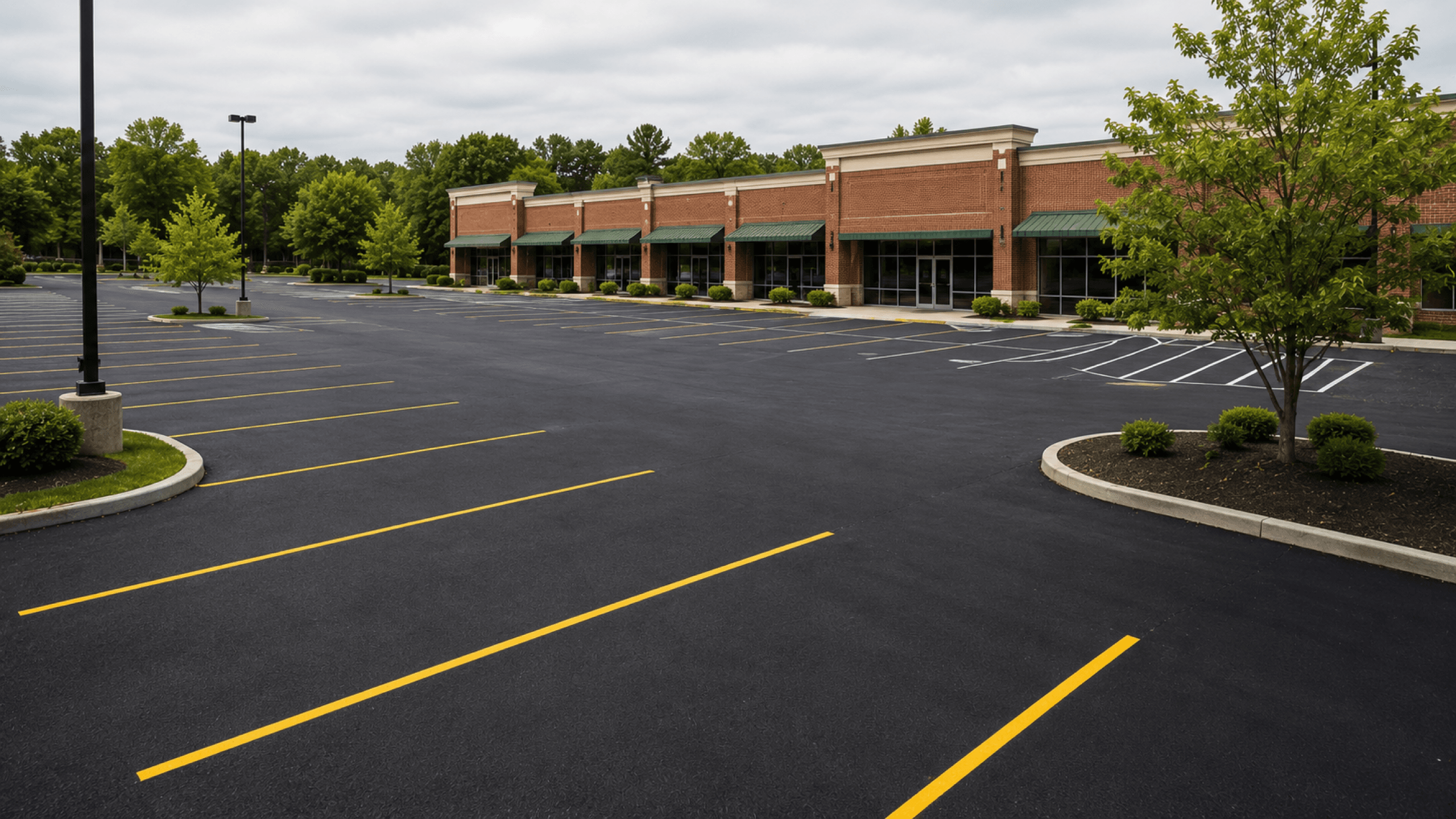 Freshly paved and striped commercial parking lot
